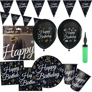 Babelon black gold verjaardag versiering - Thema Feest pakket  - Ballonnen- Party Artikelen-Slingers- Feestartikelen - Verjaardag Feestje- Confetti Sparkling-16 Personen