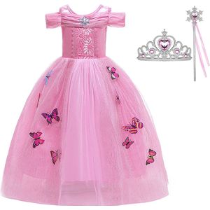 Het Betere Merk - Prinsessenjurk meisje - Roze vlinders - Verkleedkleren meisje - Maat 92/98 (100) - Toverstaf - Kroon - Tiara - Roze jurk - Carnavalskleding kinderen