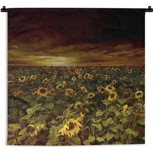 Wandkleed Zonnebloem - Zonnebloemen bij donkere wolken Wandkleed katoen 150x150 cm - Wandtapijt met foto