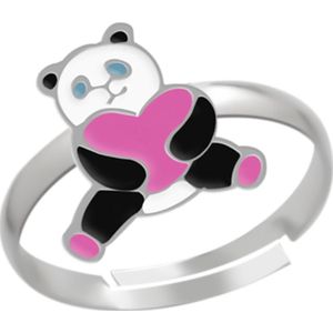 Zilveren ring, panda met roze hart