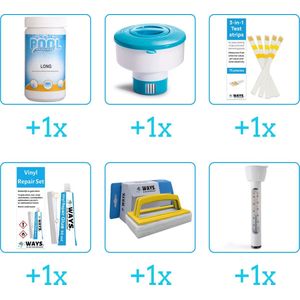 Zwembad Onderhoudsset - Startersset bevat Chloor - Chloordrijver - Testrips en Reparatiesetje - Scrubborstel - Thermometer - Zwembad Onderhoud Starterspakket - Chloortabletten - Onderhoud voor zwembad (6-delig)