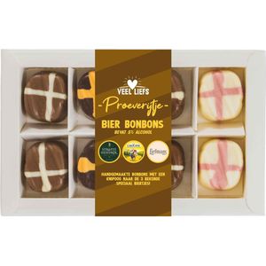 Veel Liefs | Proeverijtje | Bier bonbons | Chocolade cadeau | Straffe Hendrik, La Chouffe & Liefmans | 8 stuks, 180 gram