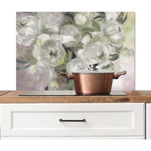 Spatscherm keuken 80x55 cm - Kookplaat achterwand Bloemen - Planten - Bladeren - Wit - Muurbeschermer - Spatwand fornuis - Hoogwaardig aluminium