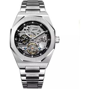 Tourbillon Skeleton Horloge Zilverkleurig | Waterafstotend | Cadeau Giftbox | Zilverkleurig | Automatic Horloges | Automatisch Watchwinder | Skeleton Horloges Unisex Skeleton Herenhorloge Jongens Heren | Vaderdag Cadeau | Valentijn | Valentijnscadeau