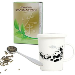 Cadeau set voor vrouw, vriendin of oma 250 gram groene losse thee theebeker panda 300 ml plus stalen maatlepel.