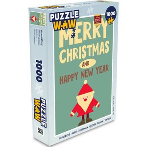 Puzzel Illustratie - Kerst - Kerstman - Quotes - Blauw - Vintage - Legpuzzel - Puzzel 1000 stukjes volwassenen - Kerst - Cadeau - Kerstcadeau voor mannen, vrouwen en kinderen