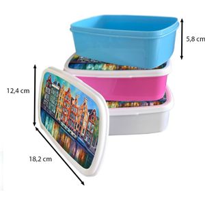 Broodtrommel Blauw - Lunchbox Amsterdam - Olieverf - Gracht - Schilderij - Kunst - Brooddoos 18x12x6 cm - Brood lunch box - Broodtrommels voor kinderen en volwassenen