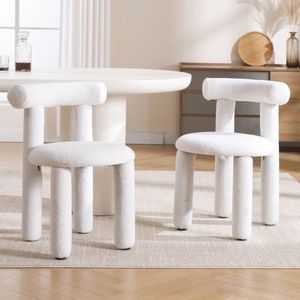 Moderne Eetkamerstoelen van Imitatiebont - Set van 2 Met Armleuningen en Rugleuning - Ideaal voor Eetkamer en Woonkamer - Wit