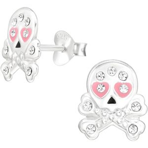 Joy|S - Zilveren skull oorbellen - doodskop - 8 x 10 mm - roze hartjes oogjes - kristal - halloween oorbellen