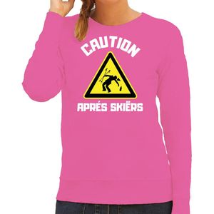 Bellatio Decorations Apres ski sweater/trui voor dames - apres ski waarschuwing - roze - wintersport S