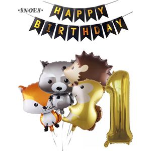 Snoes Ballonnen Plus nummer ballon 1 Jaar Set Bosdieren Pakket – Dieren Feestpakket Cijferballon 1 - Kinderverjaardag Versiering