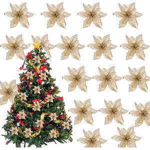 32 stuks kunstkerstbloemen, glitter, goud, bloemen, Kerstmis, goud, kunstbloemen, ornamenten, kunstbloemen, kerstboomdecoratie, kerstkransen, decoratie voor kerstbomen, adventskransen