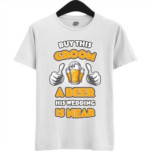 Buy This Groom A Beer | Vrijgezellenfeest Cadeau Man - Groom To Be Bachelor Party - Grappig Bruiloft En Bruidegom Bier shirt - T-Shirt - Unisex - Wit - Maat S