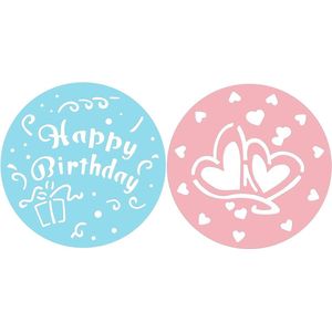 taartdecoratie stencils CANDY, decoratieschijven met hartjes en Happy Birthday, stencil voor het versieren van taarten en taarten (kleur: roze, blauw), hoeveelheid: 2 stuks