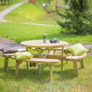 Rockwood® Picknicktafel Rond 1.20m Montage op locatie. Extra gemak en vakkundige service met 2 rugleuningen