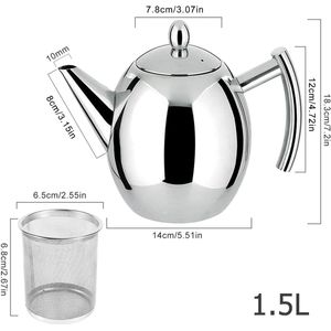 1,5 l roestvrijstalen theepot, theepot met zeef, dubbelwandig, vaatwasmachinebestendig, handgemaakte theepot