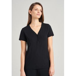 SCHIESSER Mix+Relax T-shirt - dames shirt korte mouw henley knoopsluiting zwart - Maat: 40