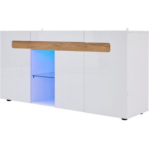 Modern 3-deurs dressoir, LED-lichtregeling, woonkamerkast met app-bediening, 140x40x70 cm hoogglans woonkamermeubel, wit met glazen plank, opbergkast