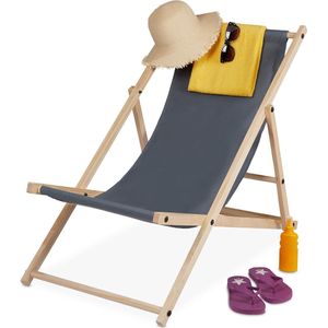 wood beach chair 3 levels sun lounger with fabric - foldable & adjustable - dark grey - garden beach & balcony