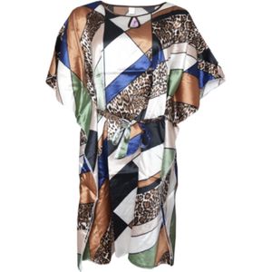 Dames kaftan/tuniek satijn onesize 36-48 blauw/bruin/groen