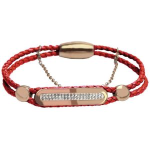 Silventi 980101608 Stalen Armband - Dames - Gevlochten - Met kristal - Magneet Sluiting - Rood - 19cm - Goudkleurig - Leer