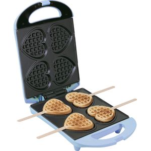 Bestron Wafelijzer voor hartvormige Wafels, Wafelijzer hartvorm op een stokje, Wafelmaker met antiaanbaklaag & indicatielampje, incl. 20 houten stokjes, kleur: Blauw
