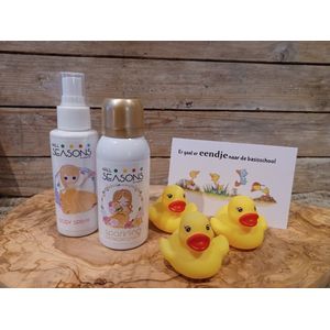 Basisschool-Kleuter-Giftset-Kado-Cadeau-Verwenpakket-Wendagen-Mijlpaal-Er gaat er eendje naar de basisschool-Kleuterschool-Groep 1-Halve dagen-Gonnie-Gijsje-Gansje-Prinses-Bad-Douche-Plezier-Bodyspray-Parfum-Showerfoam-Schoon-Fris-Huidverzorging