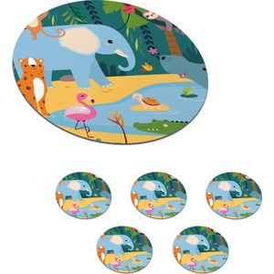 Onderzetters voor glazen - Rond - Jungle - Olifant - Dieren - 10x10 cm - Glasonderzetters - 6 stuks
