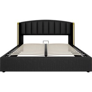 Merax Kingsize Tweepersoonsbed 180x200 cm met Hydraulische Opbergruimte - Luxe Kunstleer Gestoffeerd Bed inclusief Hoofdbord met Gouden Accenten - Zwart