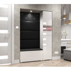 Kledingkast - Schoenenkast - Planken - 5 hangers - 3 zwart gestoffeerde panelen - LED - Moderne witte kledingkast