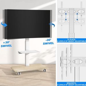 Witte Mobiele Swivel TV Stand op Wielen voor Meest Platte Gebogen 26-65 ""TV's Tall Rolling TV Trolley met Houten Base Eenvoudige Montage Max VESA 400x400 mm