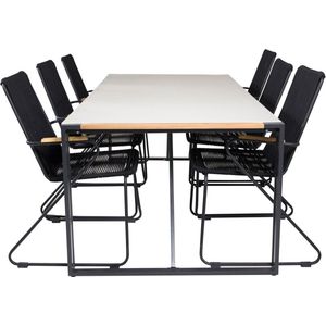 Texas tuinmeubelset tafel 100x200cm en 6 stoel armleuning Bois zwart, grijs, naturel.