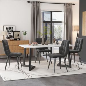 117 cm eettafel met 4 stoelenset, rechthoekige eettafel, moderne keukentafelset, eetkamerstoel, donkergrijze fluwelen keukenstoel, zwarte tafelpoten