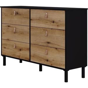 SAMANTHE ladekast 6 laden - Zwart en eiken decor - L 140 x D 40 x H 90 cm