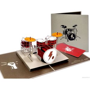 Popcards popupkaarten – Drumstel pop-up kaart | Zeer gedetailleerde muziek wenskaart Drummer Drummen Snaredrum Bassdrum Cymbals