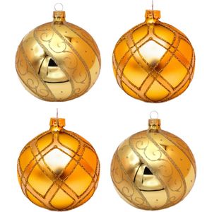 Stijlvolle Gouden Kerstballen met mooie Gouden Decoratie - Doosje van vier kerstballen van 8 cm