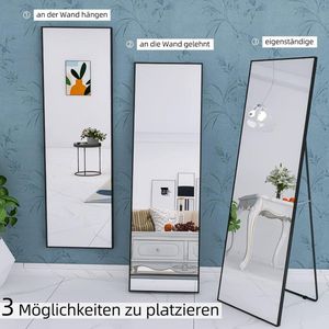 Staande spiegel met zwart metalen frame 140 x 40 cm HD grote full-body spiegel met haak voor woonkamer of kleedkamer (zwart)