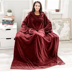 CALIYO Fleece Deken - Flanellen Deken - Blanket met Mouwen en Capuchon – Dames & Heren - Sherpa Fleece – TV Deken - Bank Deken - 170x200 cm - Bordeauxrood