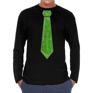 Bellatio Decorations Verkleed shirt heren - stropdas glitter groen - zwart - carnaval - longsleeve S