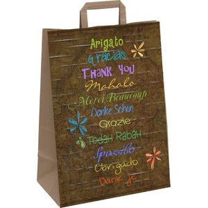 25 x Draagtassen "" Thank you"" / ""Dank je "" Van Gekleurd Kraftpapier Met Platte Oren 26x12x35cm / Kraft Papieren Tasjes Met Handvat/ Cadeautasjes met vlak handgrepen / Zakjes bedankt