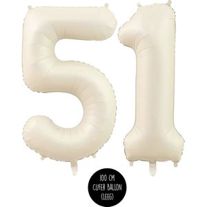Cijfer Helium Folie ballon XL - 51 jaar cijfer - Creme - Satijn - Nude - 100 cm - leeftijd 51 jaar feestartikelen verjaardag