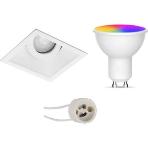 LED Spot Set GU10 - Facto - Smart LED - Wifi LED - Slimme LED - 5W - RGB+CCT - Aanpasbare Kleur - Dimbaar - Afstandsbediening - Pragmi Zano Pro - Inbouw Vierkant - Mat Wit - Kantelbaar - 93mm