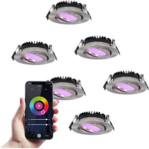 6x Hoftronic Smart - Rome smart inbouwspot - LED - Zaagmaat 75mm - RVS - Besturing via app - WiFi - Bluetooth - Dimbaar - Kantelbaar - 6 Watt - 480 lumen - 230V - 2700-6000K - RGBWW - Plafondspots - Inbouwspot voor badkamer & buiten - 5 jaar garantie