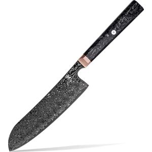 KAAMUT® Professioneel Japans Santoku Koksmes - Topkwaliteit - 18 CM - 67 Lagen Zwart Damascusstaal, Vlijmscherp & Duurzaam - Handvat in Koper en Carbonvezel - Luxe Geschenkverpakking