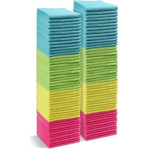 Microvezeldoek - 100 Stuks Reinigingsdoek - Microvezel Reinigingsdoeken Met 4 Kleuren Assortiment - 29 X 29 Cm (Groen-Blauw-Geel-Roze)