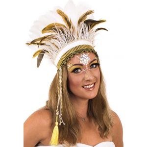 KIMU Verentooi Bruin Wit Goud - Veren Tooi - Witte Hoofdtooi Indianentooi Indiaan - Ibiza Haarband Veertjes Zomercarnaval Carnaval Festival