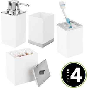 4-delige set badkameraccessoires - tandenborstelhouder, zeepdispenser, opbergdoos en badkamerbeker - badkameropslag van sterk plastic - wit/chroom