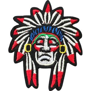 Indiaan Hoofdtooi Strijk Embleem Patch 6.5 cm / 7.9 cm / Rood Wit Blauw Zwart