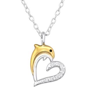 Joy|S - Zilveren hartje met dolfijn hanger inclusief ketting - zilver met 14k goudplating dolfijntje - 45 cm - zirkonia