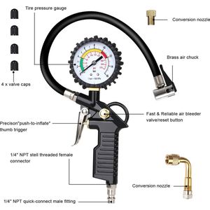 Luchtdruktester, bandenspanningsmeter, 220 psi (15 bar)-bandenspanningsmeter, multifunctionele luchtdrukmeter met ventielkern gereedschap, compressor accessoires (zwart #2)